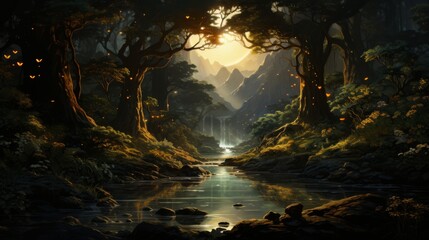 Wall Mural - Enchanted Forest with a Sunlit Waterfall