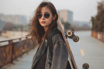 Wall Mural - Portrait of a hipster woman with skateboard Woman holding skateboard on the shoulder outdoors