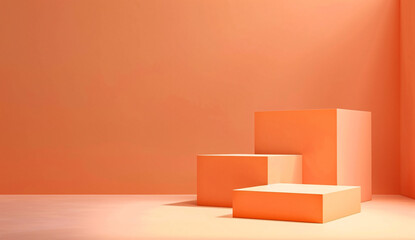 Poster - 3d rendering of orange background with two square podiums on the right side. Mockup for product presentation, minimal concept, studio shot, high resolution photography