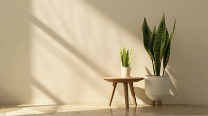 Poster - 
3D rendering of a wooden side table with potted plants and a snake plant in a white pot on a light beige wall background. A minimal home interior design of a modern living room