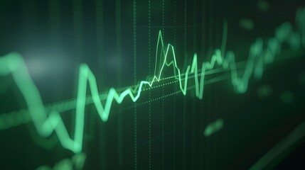Poster - a detailed close-up of a fluctuating green stock market graph on a digital display screen, indicatin