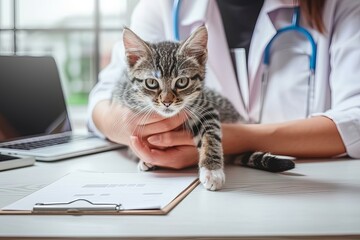 Sticker - Veterinarian examining cat Veterinarian examining a kitten in animal hospital