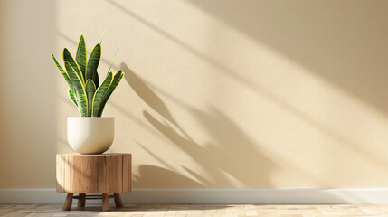 Poster - 
3D rendering of a wooden side table with potted plants and a snake plant in a white pot on a light beige wall background. A minimal home interior design of a modern living room