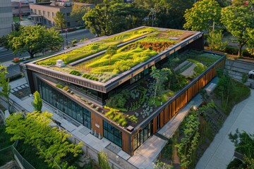 Wall Mural - An aerial photograph showcases a sustainable building with a lush green roof, integrating nature into the urban environment