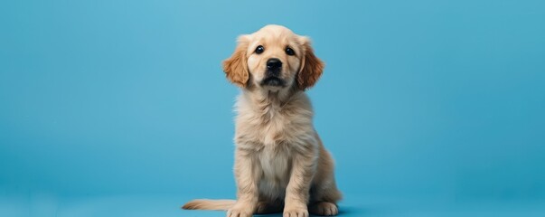 Wall Mural - A happy golden retriever puppy is sitting on a blue surface. Free copy space for banner.