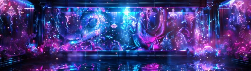 Poster - Vibrant neon abstract background featuring cosmic light patterns and futuristic holographic elements in a dazzling digital landscape.