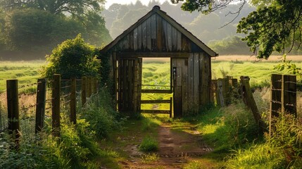 Poster - Rural wooden gate and door in countryside setting photograph