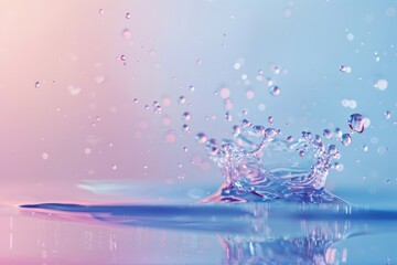 Wall Mural - A close-up macro photograph of a water droplet splash with a gradient background transitioning from pink to blue