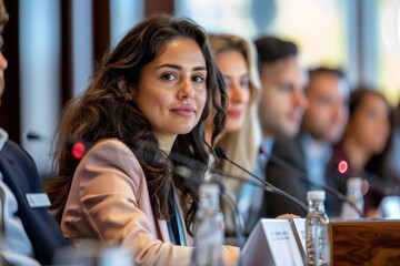 Sticker - A businesswoman sits with other professionals during a panel discussion at a conference