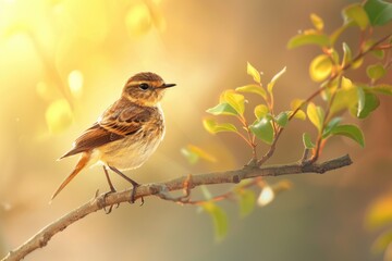 Canvas Print - A small bird sits on a branch of a tree, looking around