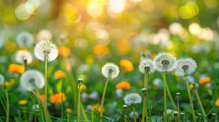 Poster - Close up image of white dandelion seeds in a sunny green meadow with a blurred floral background