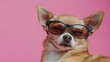 © AkuAku - Sleepy brown chihuahua dog in sunglasses on pink background Summer traveling idea