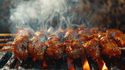 Wall Mural - Delicious barbecued meat skewers grilling on open flame with smoke rising. Perfect for food blogs, recipes, or summer cookout promotions.