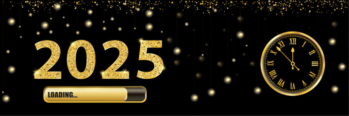 Wall Mural - Black Paper Banner Golden Clock 2025 Loading Hanging Lights