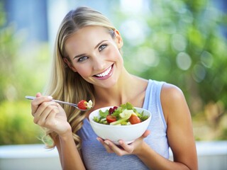 Sticker - Attractive woman with a healthy lifestyle eating a bowl of salad Young woman eating her greens. with copy space image. Place for adding text or design