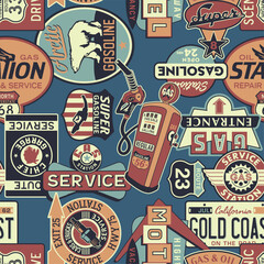 vintage motel gasoline car service sign board patchwork wallpaper abstract vector seamless pattern f