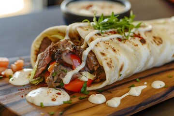 Wall Mural - A dürum roll on served on a wooden cuttingboard with a white sauce