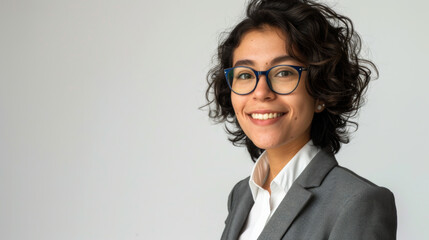 Wall Mural - Portrait of a young woman in business clothes posing on a white background. Business woman with glasses smiling, having fun indoors. Lifestyle.