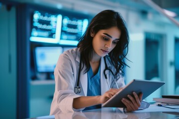 Sticker - Managing her daily medical duties Shot of a young doctor using a digital tablet in a hospital