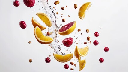 Wall Mural - Fruits flying, served, splashes, water on a white background. Oranges, strawberries, kiwi