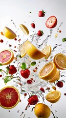 Wall Mural - Fruits flying, served, splashes, water on a white background. Oranges, strawberries, kiwi