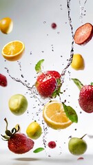 Wall Mural - Fruits flying, served, splashes, water on a white background. Oranges, strawberries, kiwi