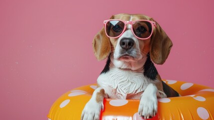 Wall Mural - Beagle dog with sunglasses and doughnut swimming ring on pink background representing summer seaside vacation