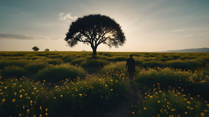 Floral field and Life Concept. Sign of Mental Health, Wellbeing and Healthy Lifestyles. The concept of Positive Mind Concept. Enjoying Life Concept.