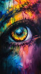 Abstract painting of an eye gazing upwards in a colorful, vibrant mix of brushstrokes and splatters, exuding creativity and emotion