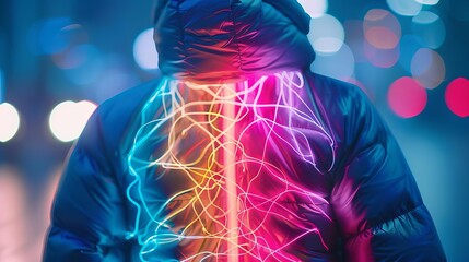 Wall Mural - Person wearing a glowing neon jacket in vibrant urban setting, abstract lines light up against dark background, futuristic fashion concept.