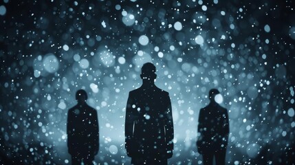 Silhouettes of three individuals standing in a snowy, magical night, surrounded by glowing bokeh lights, creating a mysterious winter scene.