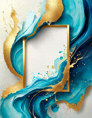Wall Mural - golden frame with teal ink waves or watercolor paint stains on a white background