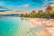 © icemanphotos - Tranquil closeup calm sea water waves with palm trees. Beautiful sunrise sunset sunlight. Tropical island beach landscape exotic shore coast. Summer vacation, holiday amazing nature. Relax paradise