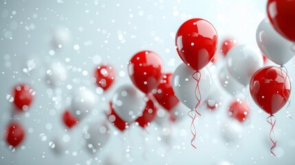 Canvas Print - Red and white balloons are floating in the air with confetti falling around them, creating a festive and celebratory mood