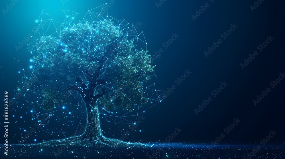 Digital tree with sprouts and binary code in glowing futuristic ...