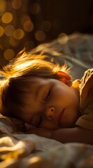 Wall Mural - Child peacefully sleeps in a cozy bed, bathed in warm sunlight, creating a serene and tranquil atmosphere