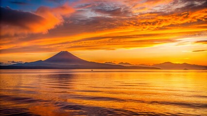 Wall Mural - Vibrant orange hues illuminate tranquil serene landscape of calm ocean waters and distant mountain silhouette at serene sunset moment.