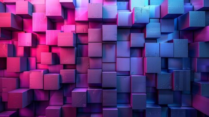 Sticker - Metallic cubes are forming an abstract wall, creating a beautiful three-dimensional surface with a gradient of blue and purple colors