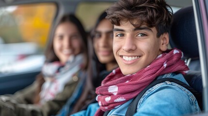 Poster - Educator sitting in a carpool with other teachers Stock Photo with copy space