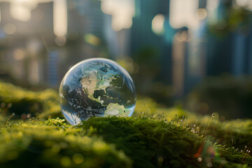 Glowing glass earth globe on green moss with blurred city background, concept of global environmental protection and ecology in the world,  Generative AI