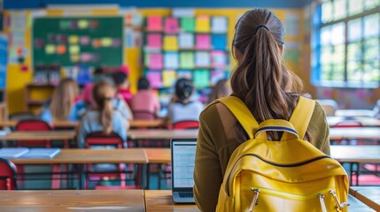 Aufkleber - Teacher checking a lesson plan on a laptop Stock Photo with copy space