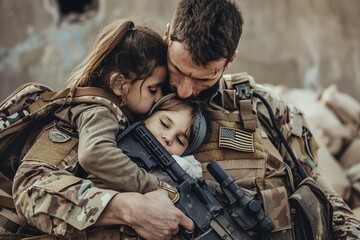 A soldier putting down his rifle and embracing his family, symbolizing the end of conflict and the return to peace, with a background transitioning from a warzone to home. Concept of War and Peace