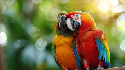 Close-up of two parrots expressing affection, one with vibrant red hues and the other in green and yellow tones, set against a sun-dappled background, showcasing their emotional bond.