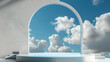 © Nasim - 3D blue rendering with podium and minimal cloudy scene ,Minimal product display background 3d render of geometric shape sky blue pastel cloud with flying blue balloons