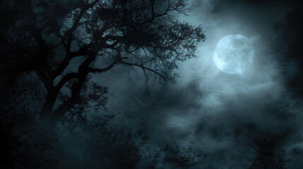 silhouette of tree branches against a full moon in a foggy night sky. mystical atmosphere, halloween