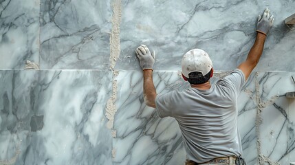 Builder installing marble siding on a new house being renovated