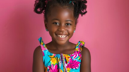 Joyful young girl in a colorful dress smiling brightly against a pink backdrop, captured in an ultra-sharp and clear photograph