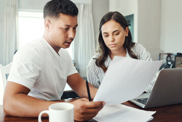 Poster - Couple, conversation and documents with laptop in home for family expenses, savings fund and budget analysis. Computer, man and woman with mortgage research, financial discussion and loan paperwork