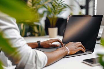 Poster - Black man typing on laptop, contact us online and computer technology for ecommerce website. Writing email on keyboard, person searching internet and employee working with 5g connection at desk 