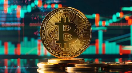 Vibrant Gold Bitcoin with Market Charts Background, cryptocurrency, gold coin, market charts, financial diagrams